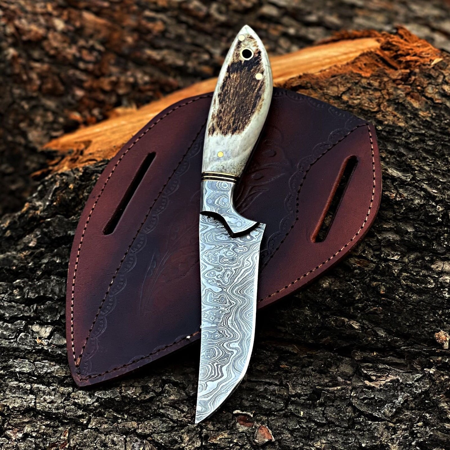 Handmade Hunting Skinner Damascus Steel Blade Knife Stag Horn Handle|DHS009