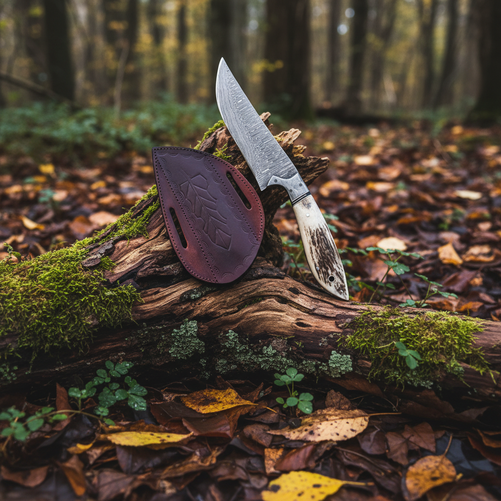 Fixed blade Damascus knife crown stag close-up
