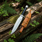 Fixed blade D2 knife with steel bolster and leather sheath