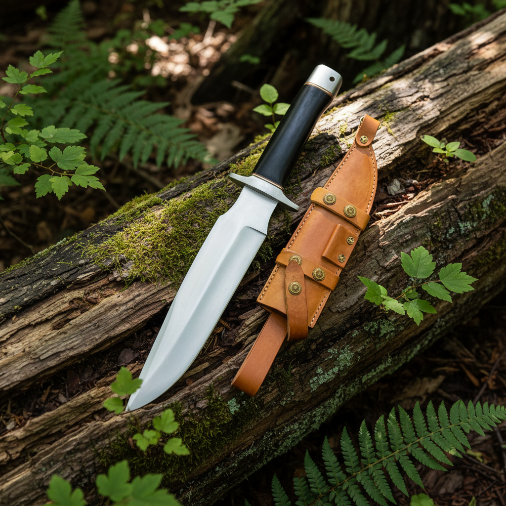 Fixed blade D2 knife with steel bolster and leather sheath