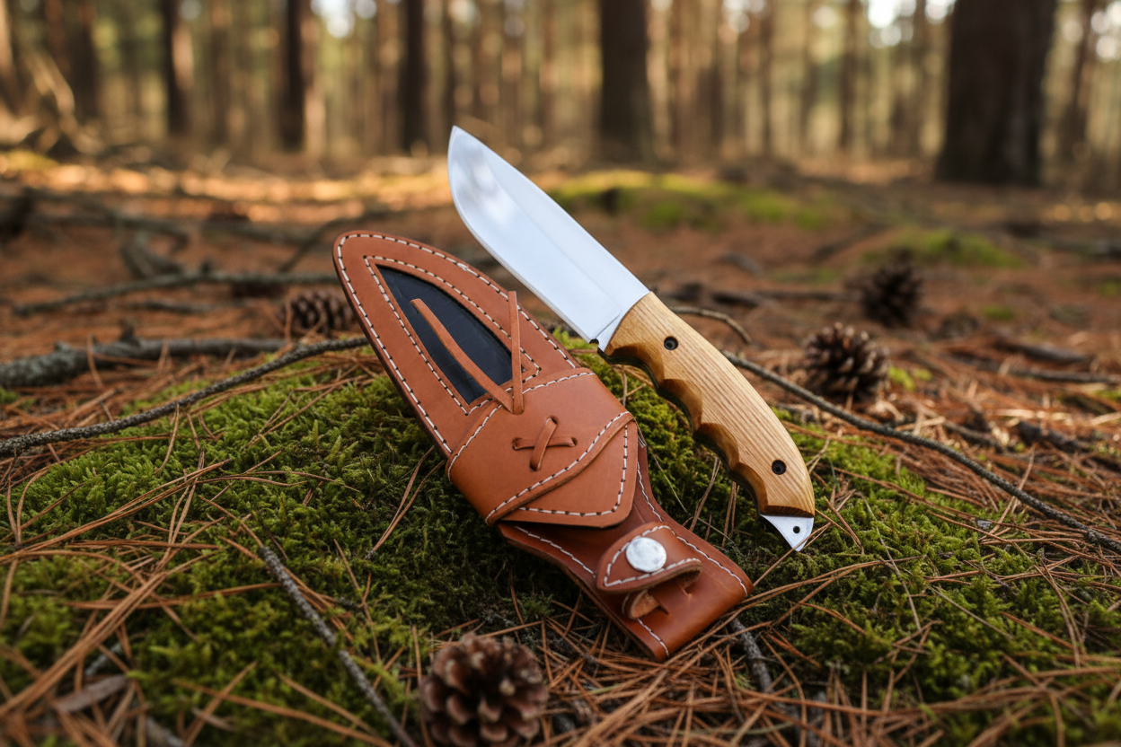 Knife with wooden handle and leather sheath