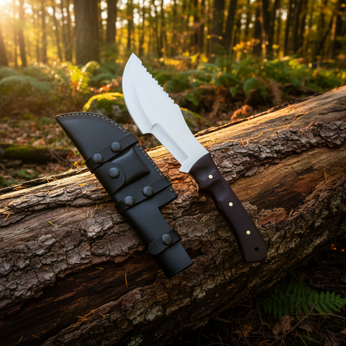 Knife with a brown handle and black sheath