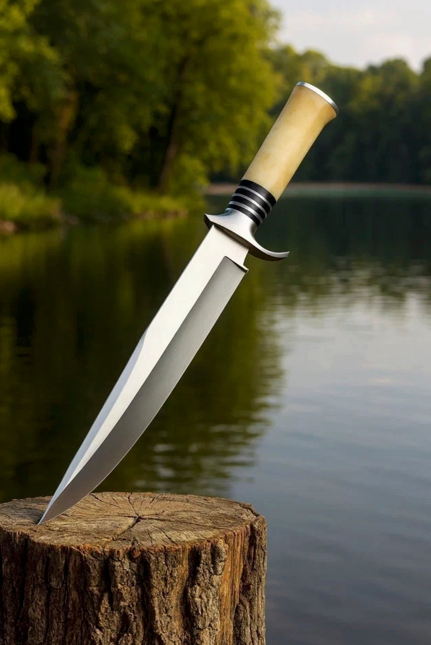 Knife with a wooden handle on a wooden stump by a body of water