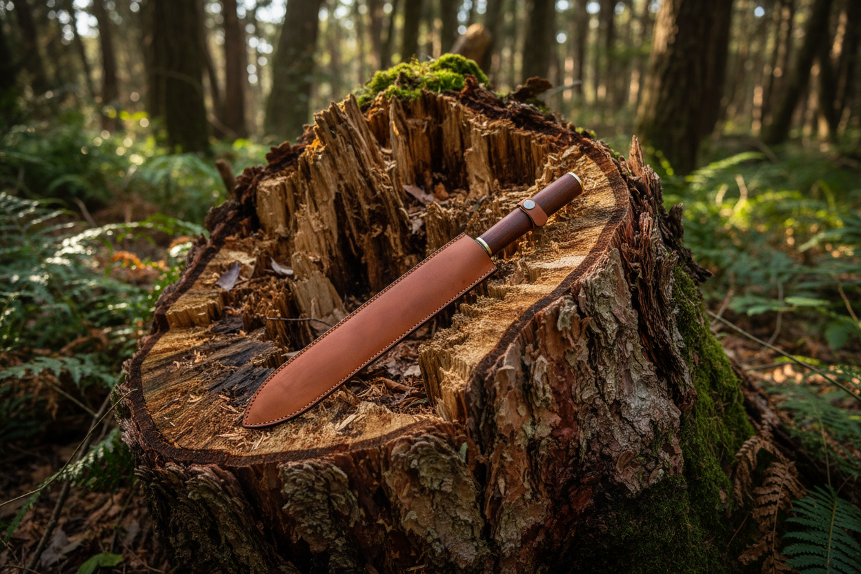 Outdoor bushcraft knife with leather sheath