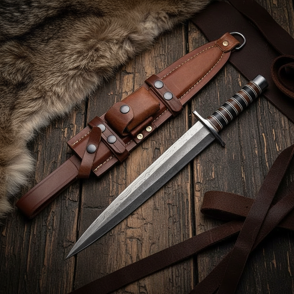 Fixed blade Damascus knife with leather sheath