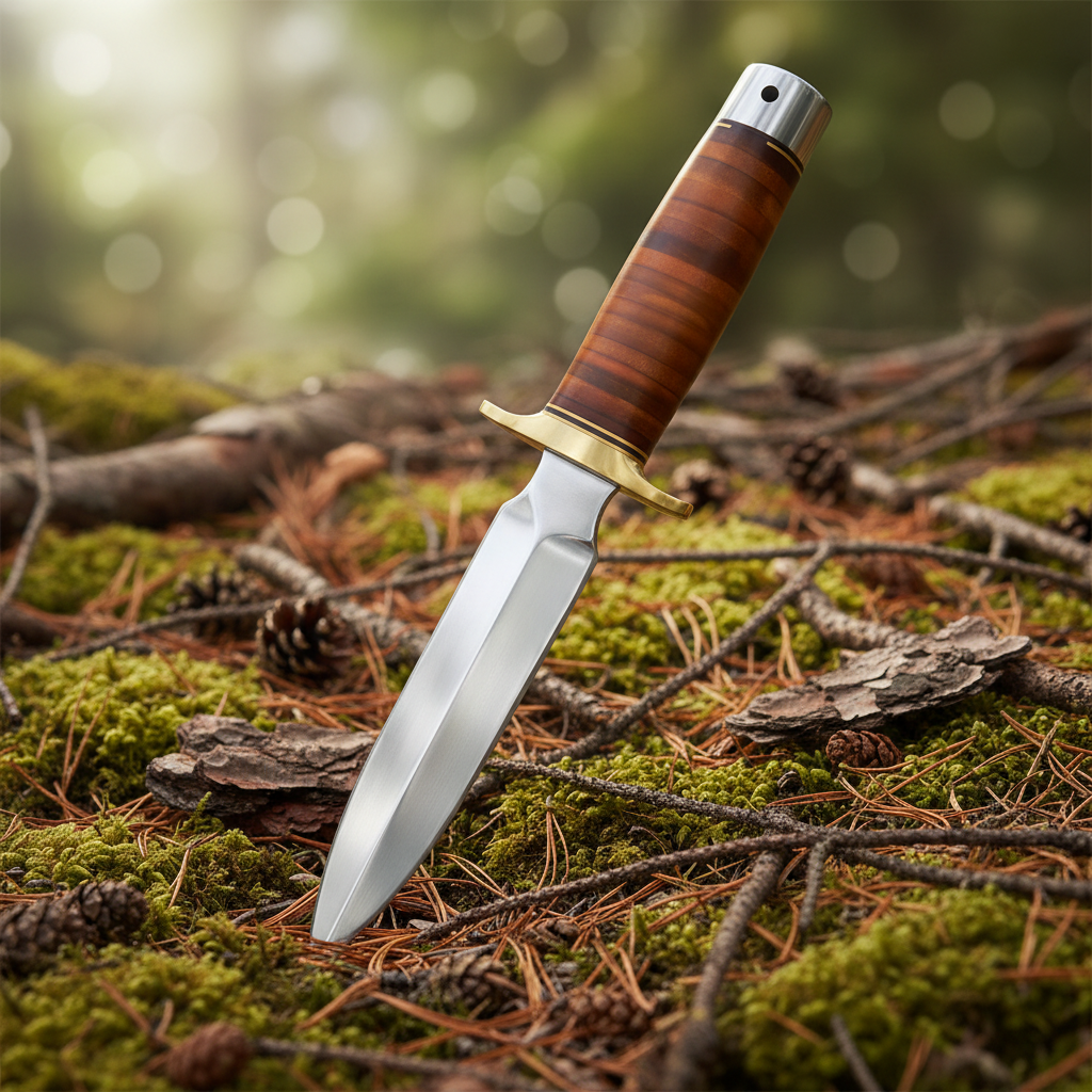 Fixed blade hunting dagger with wooden handle