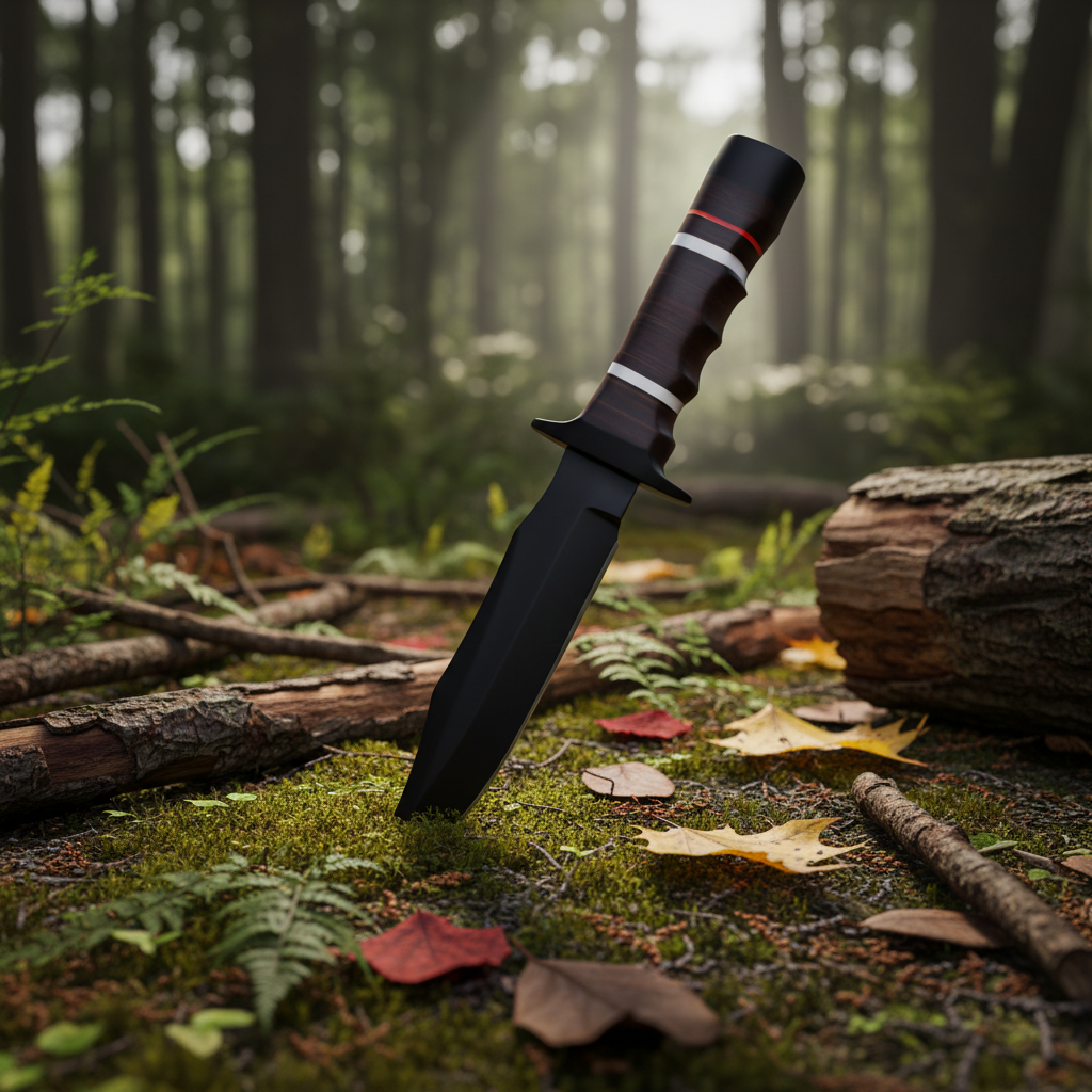 Tactical hunting knife black finish close-up