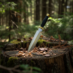 Knife with a black handle and gold accent on a white background