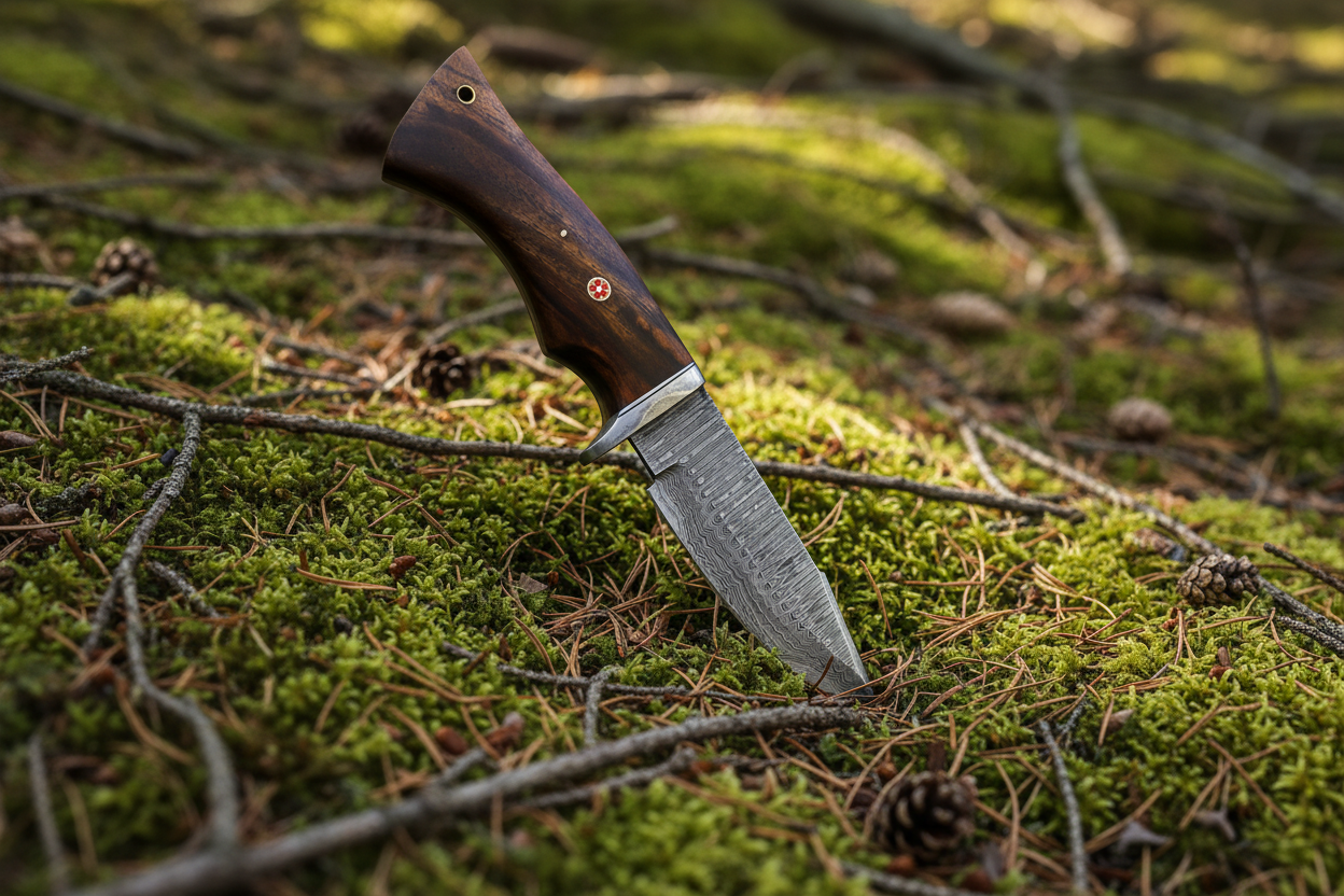 Handmade Damascus knife with rosewood handle. 
