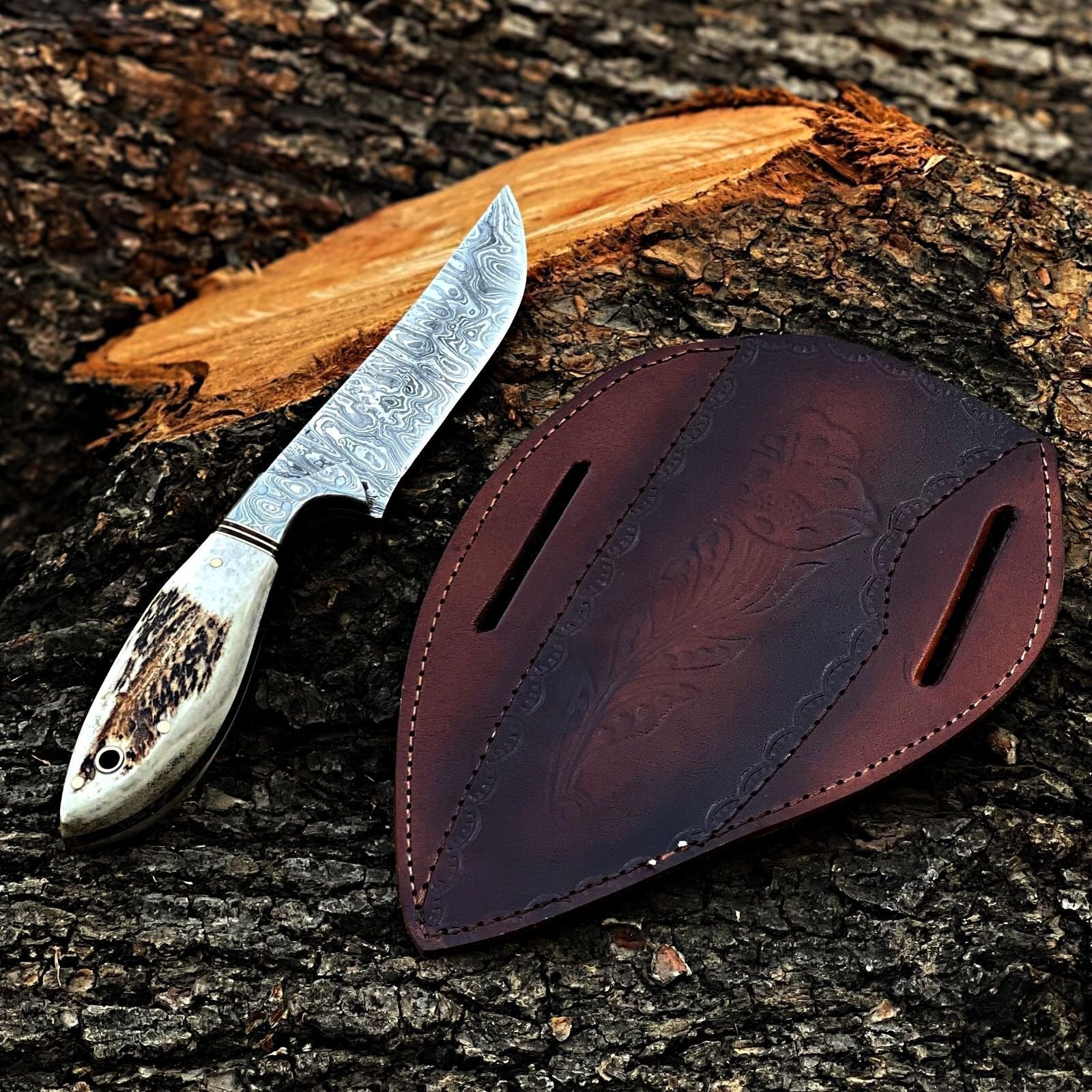 Handmade Hunting Skinner Damascus Steel Blade Knife Stag Horn Handle|DHS009