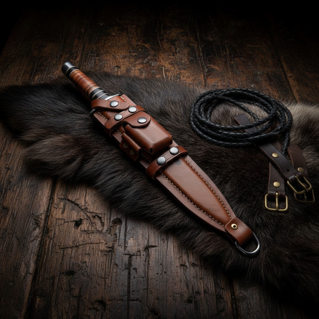 Fixed blade D2 steel knife with leather sheath