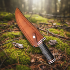 Fixed blade D2 knife with wood spacers and leather sheath