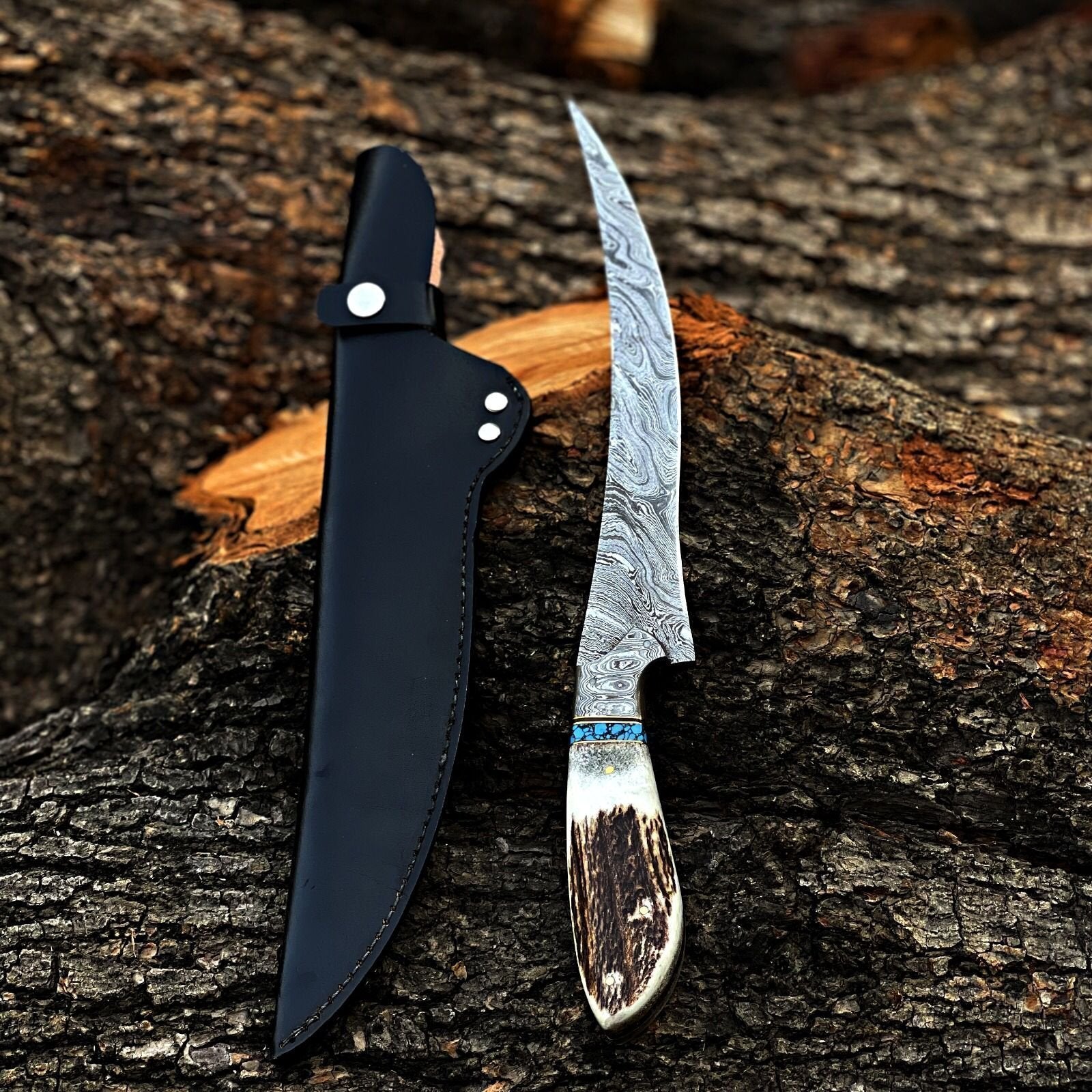 Handmade Damascus Steel Fillet Knife with Stag Handle|DFS016