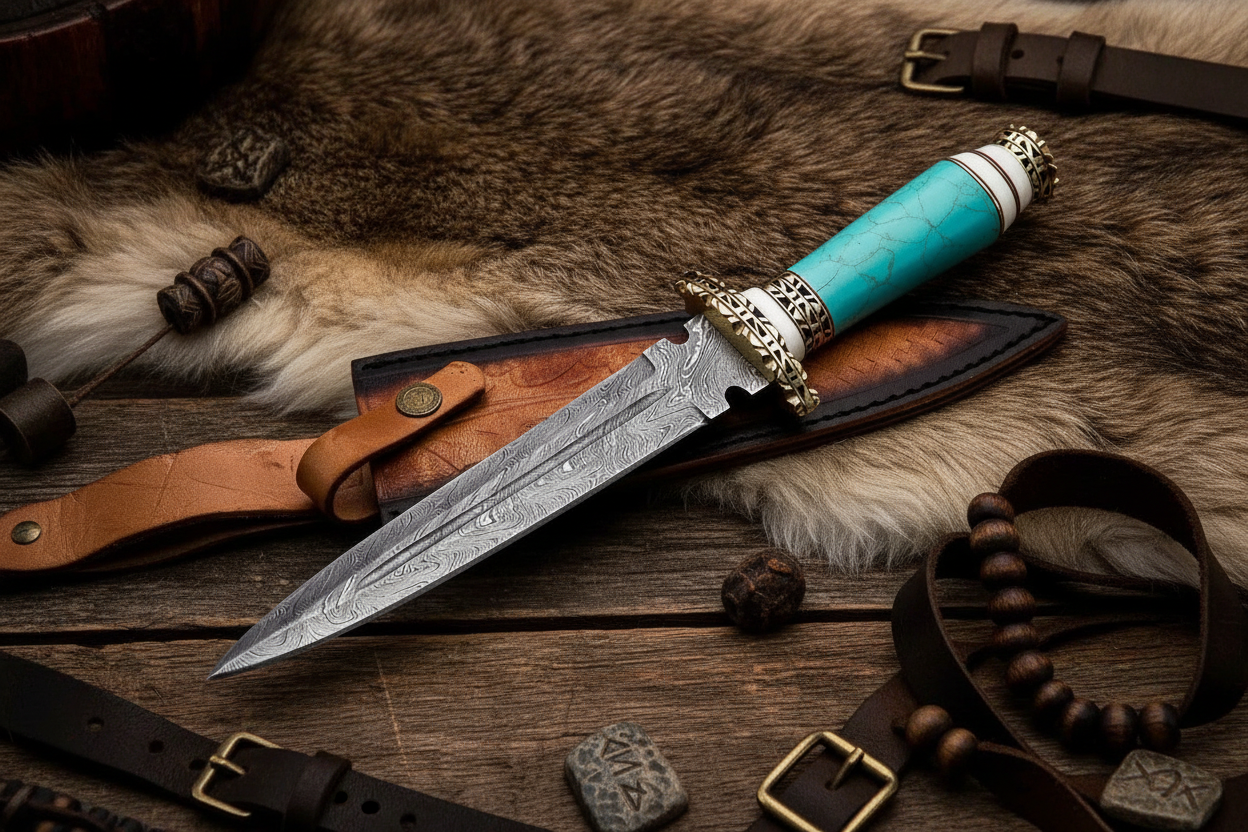 Custom Damascus steel collector knife with turquoise handle
