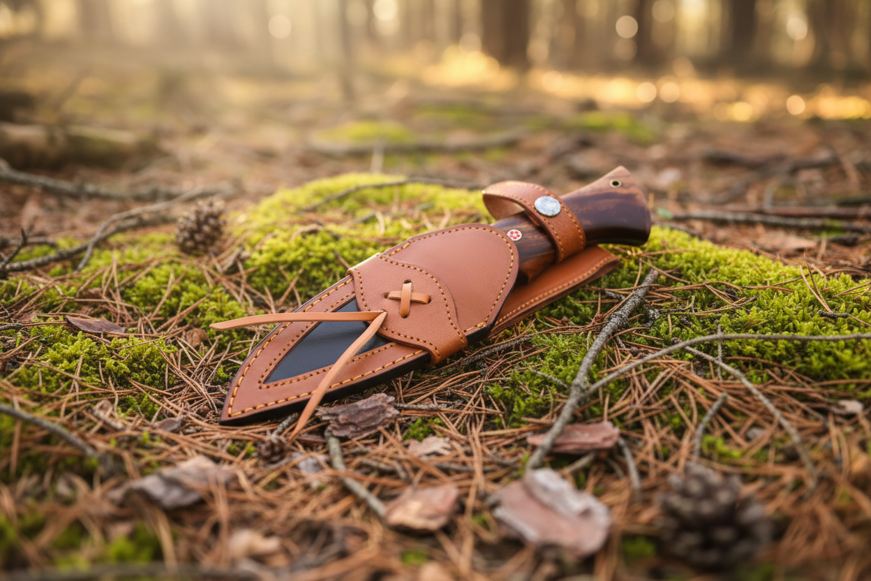 Brown leather archery quiver with arrows on a white background