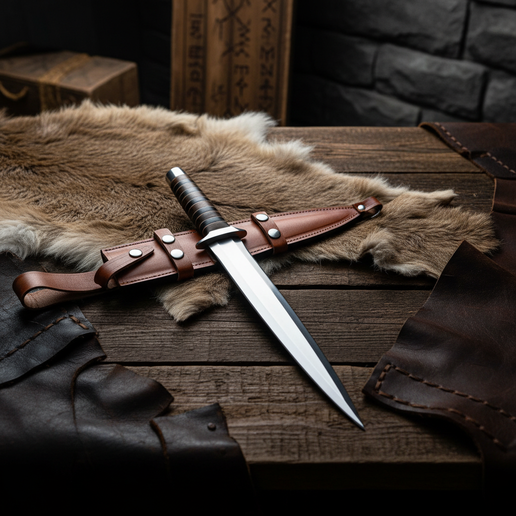 Fixed blade D2 knife with leather sheath