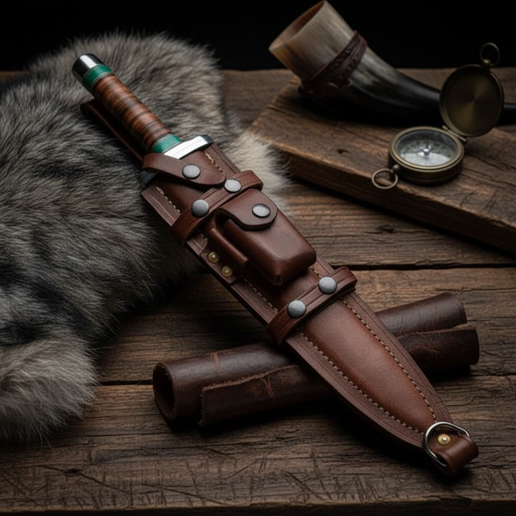 Full tang hunting knife with genuine leather sheath