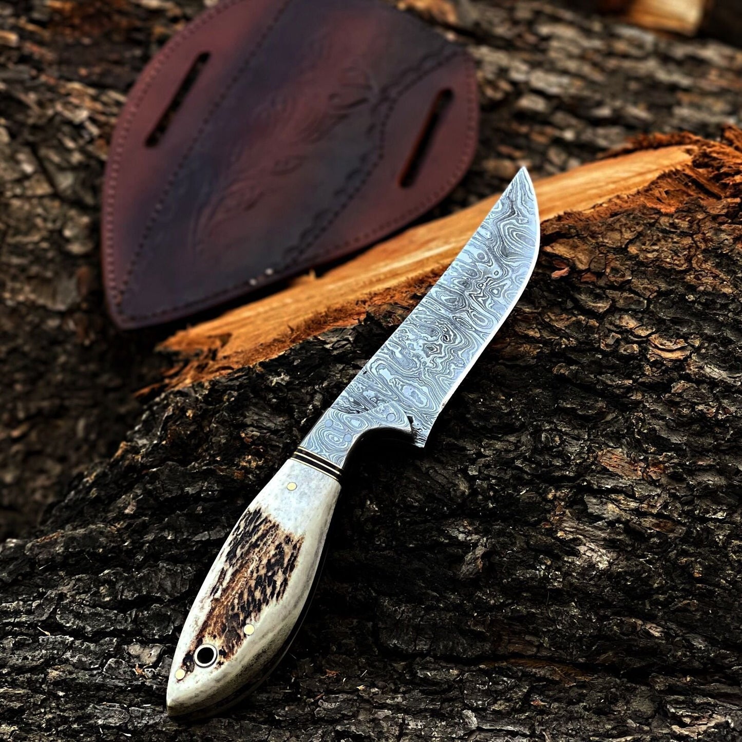 Handmade Hunting Skinner Damascus Steel Blade Knife Stag Horn Handle|DHS009