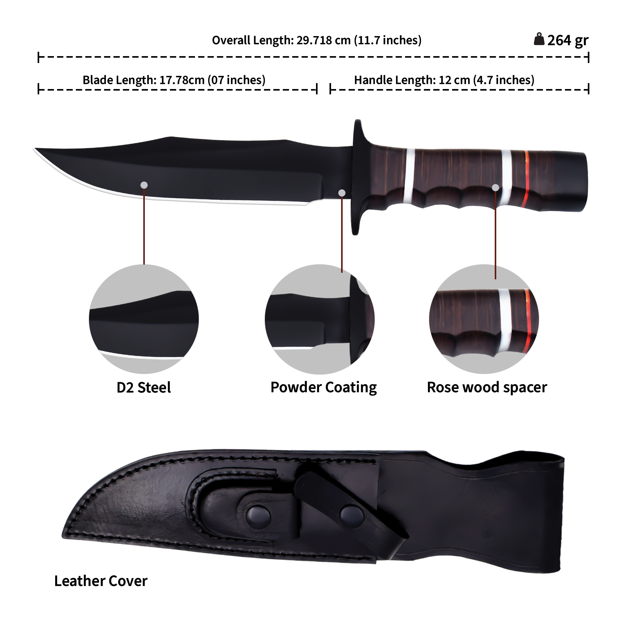 Stylish Fixed Blade Black Sleek Bowie Knife|RHD012