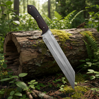 Sharp carbon steel blade on tactical Seax knife with sleek black finish