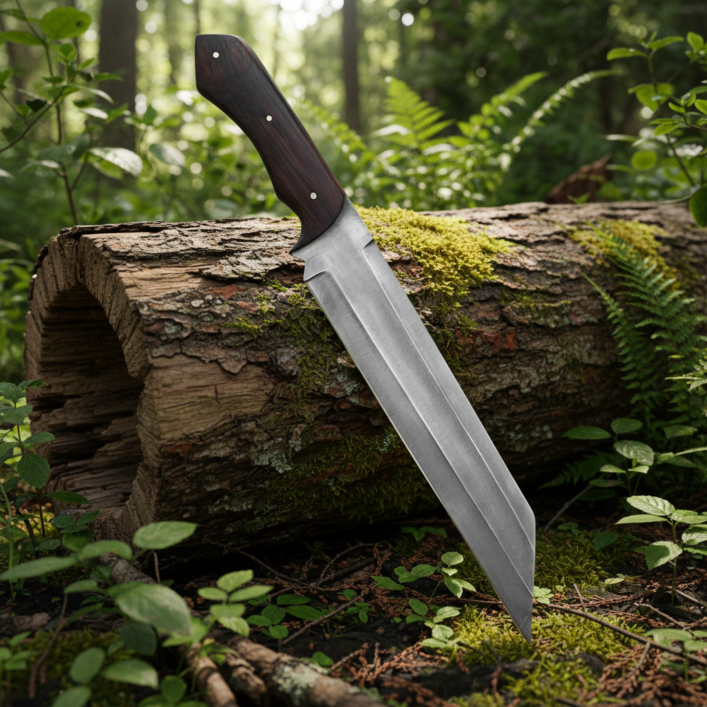 Sharp carbon steel blade on tactical Seax knife with sleek black finish