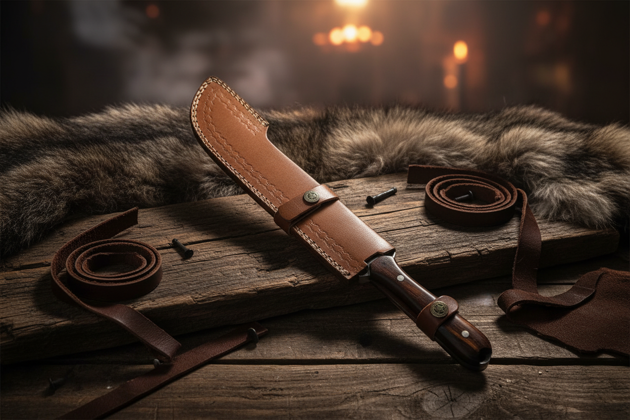 Durable leather sheath for safe storage.