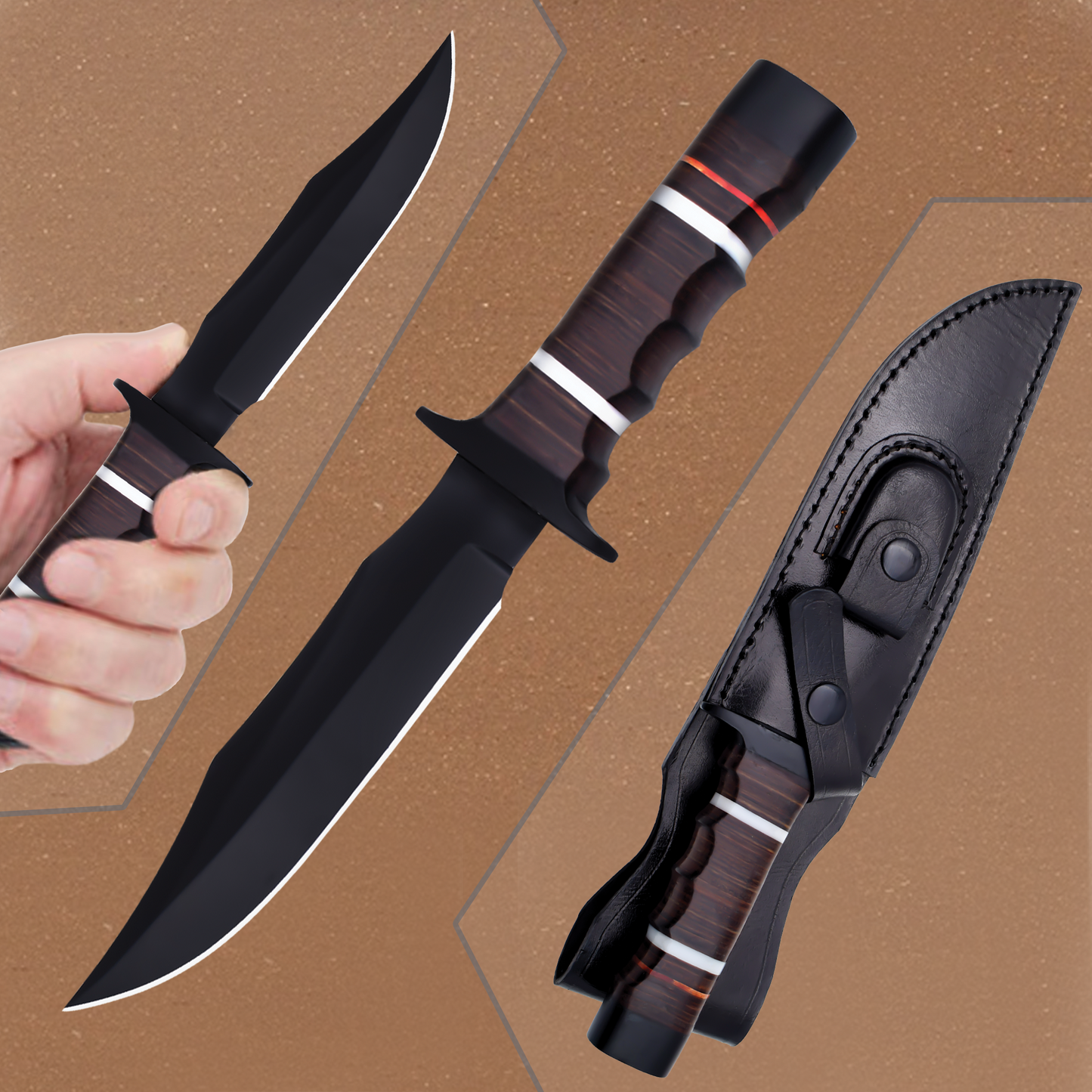 Stylish Fixed Blade Black Sleek Bowie Knife|RHD012