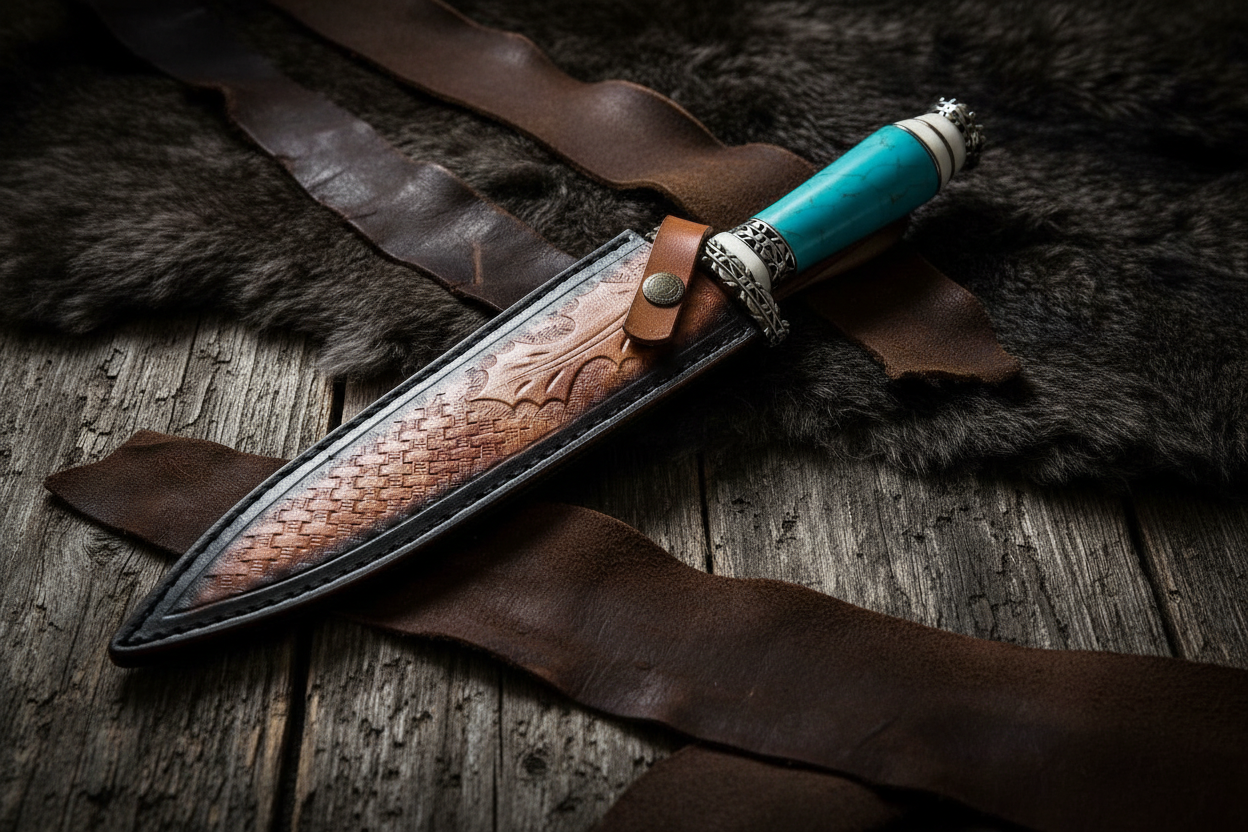 Premium Damascus hunting knife with leather sheath
