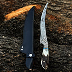 Handmade Damascus steel fillet knife with crown stag handle