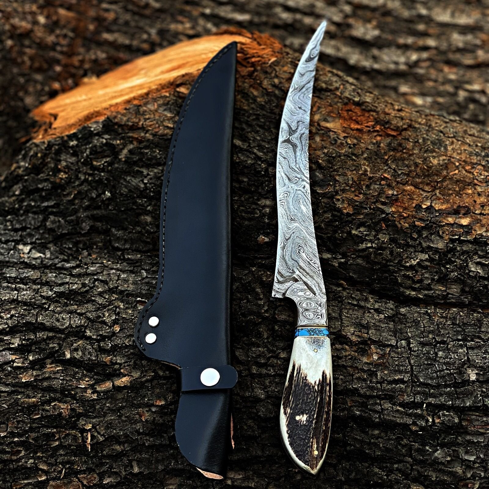 Handmade Damascus Steel Fillet Knife with Stag Handle|DFS016
