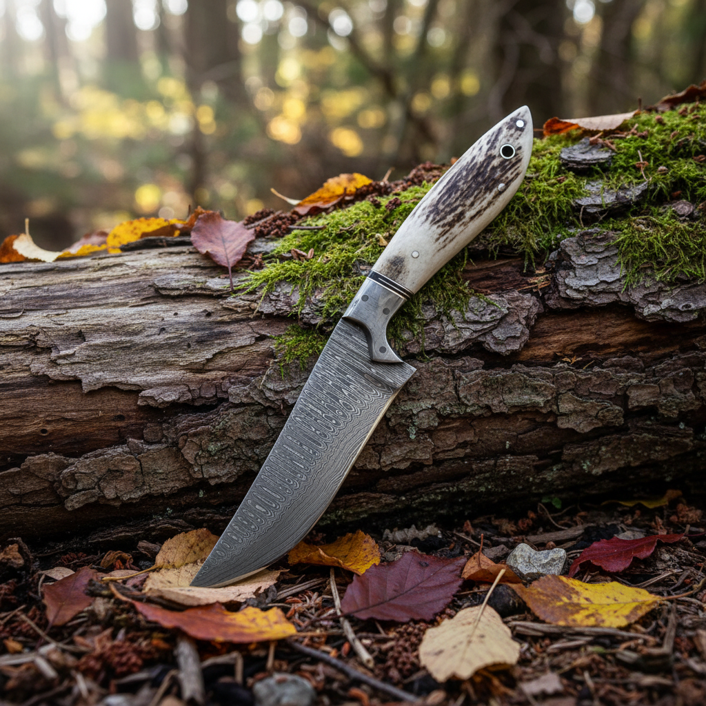 Handmade Damascus steel hunting knife with crown stag handle