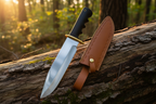 Knife with black micarta handle and silver blade, accompanied by a brown leather sheath