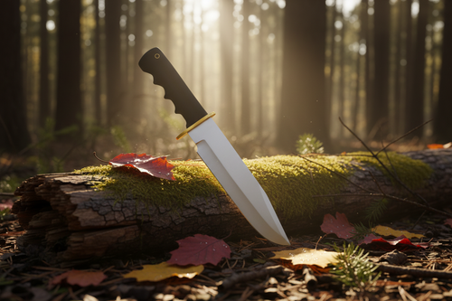 Knife on a log in a forest with sunlight filtering through the trees