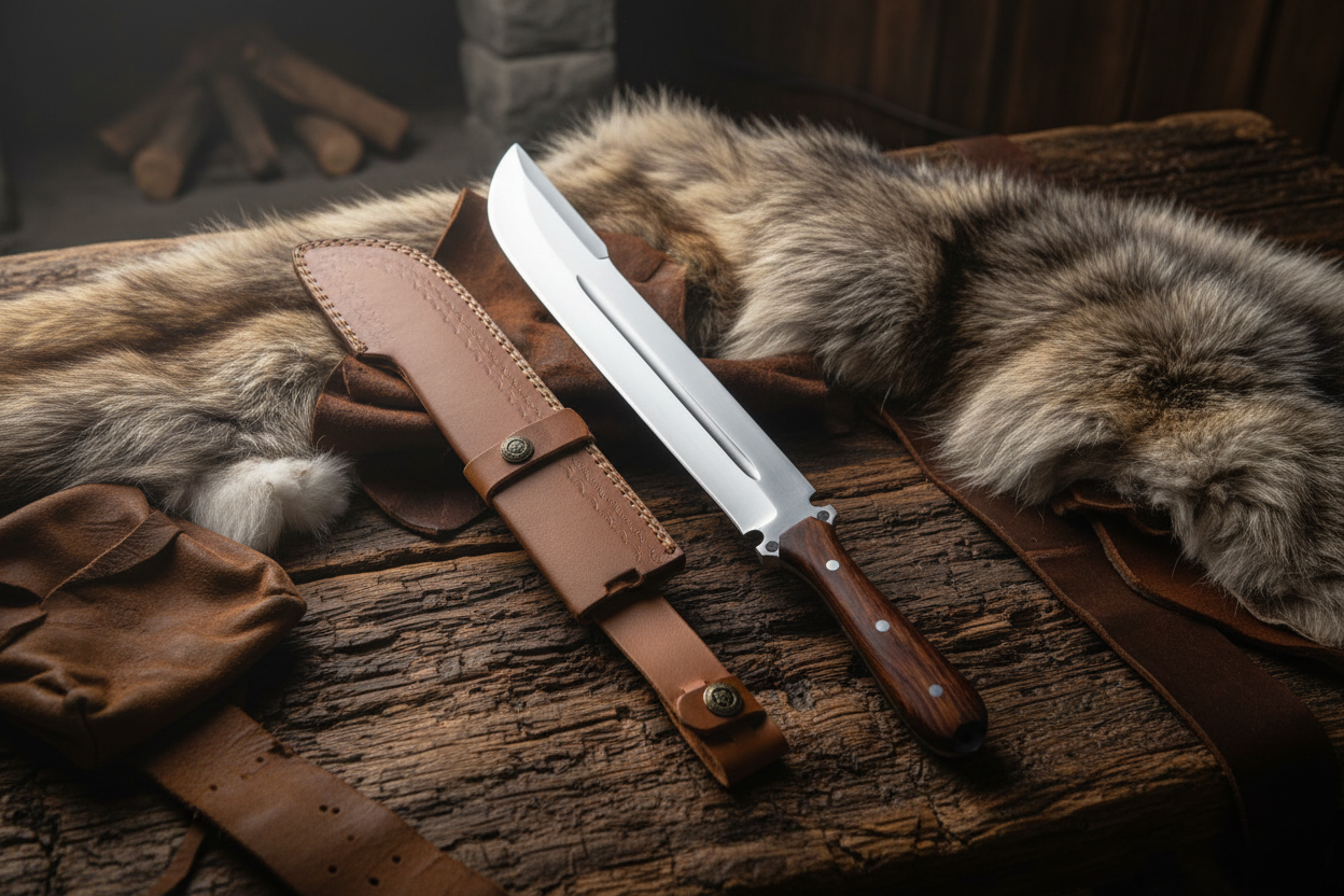 Handmade Long Blade Hunting Knife with Fitted Leather Sheath 